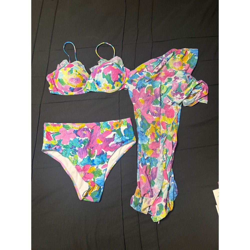 Floral 3 Piece Bikini Set with Sarong Cover Up Multicolor Ruffle Underwire M